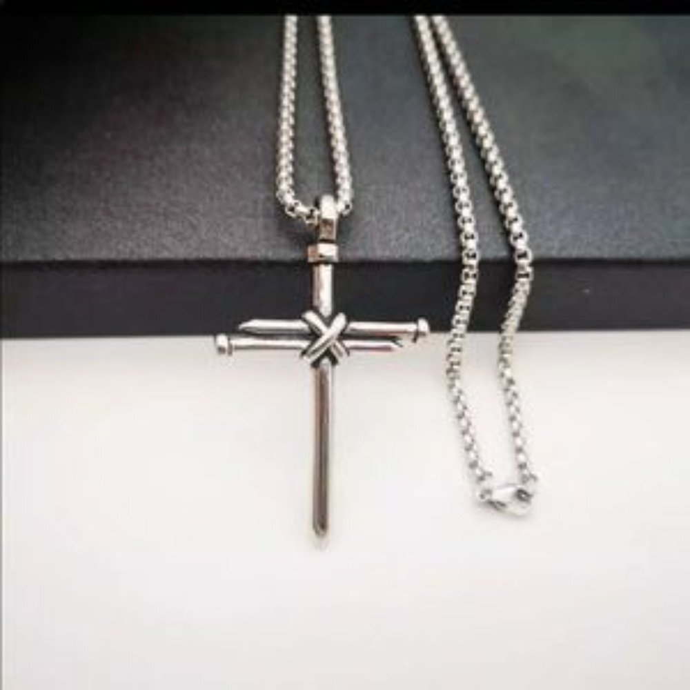New Silver Double Nail Cross Chain Necklace Religious Necklace For Men​ - Picture 5 of 6